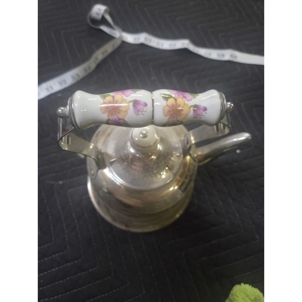 Vintage Floral Stamped Stainless Steel Tea Kettle Floral Ceramic Handle Korea - Picture 4 of 9